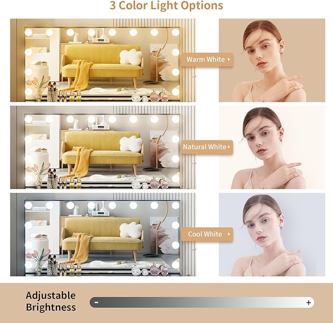 VOWNER Vanity with Lighted Mirror - Glass Top Makeup Vanity Desk with Lights and 11 Drawers, 3 Color Lighting Modes Adjustable Brightness, 46" Makeup Desk with Soft Cushioned Stool for Bedroom, Black