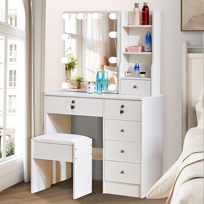 Vanity Mirror with Lights Desk and Chair, 5 Drawers and Cabinet, Makeup Table with Large HD Mirror Makeup Desk, 3 Lighting Modes, White Makeup Table with Stool