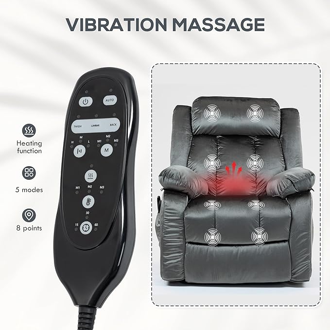 HOMCOM 35" Wide Back Power Lift Recliner Chair for Elderly with Massage and Heat, Electric Lift Chair with Remote Controllers, USB Ports and Side Pockets, Gray