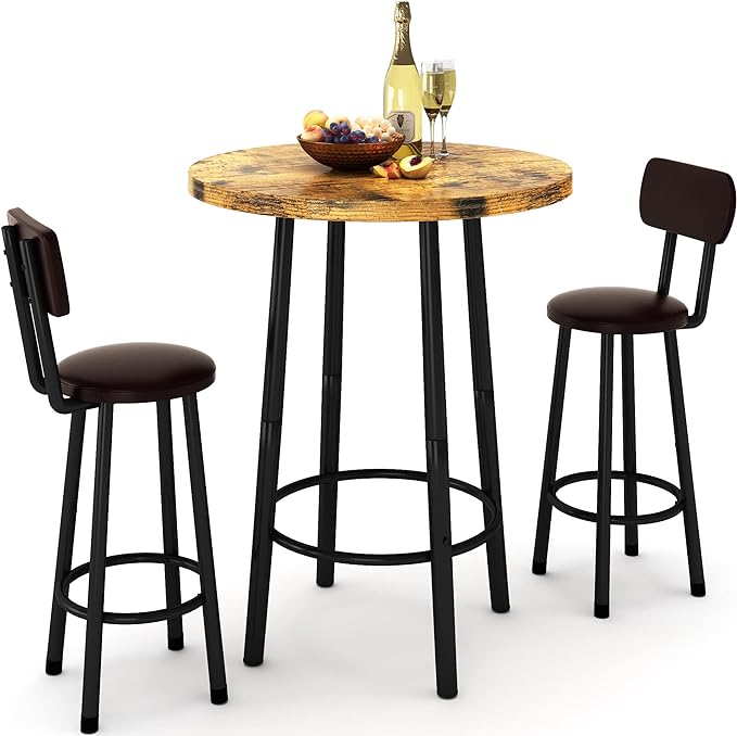 Recaceik 3 Piece Pub Dining Set, Modern Round bar Table and Stools for 2 Kitchen Counter Height Wood Top Bistro Easy Assemble for Breakfast Nook Living Room Small Space Restaurant, Rustic Brown 23.6"
