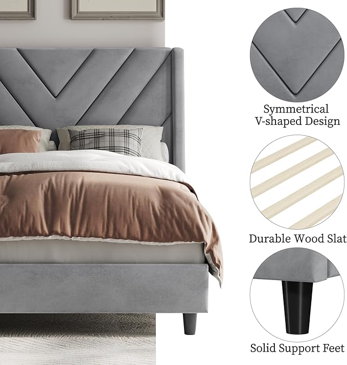 Yaheetech Twin Bed Frame Upholstered Platform Bed with Wing Side/Wooden Slat Support/Tufted Headboard with Wing Side/Mattress Foundation/No Box Spring Needed,Light Gray Twin Bed