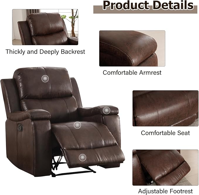 CANMOV Leather Recliner Chair, Classic and Traditional Manual Recliner Chair with Overstuffed Arms and Back, Manual Single Sofa with Concealed Cup Holders,Red Brown