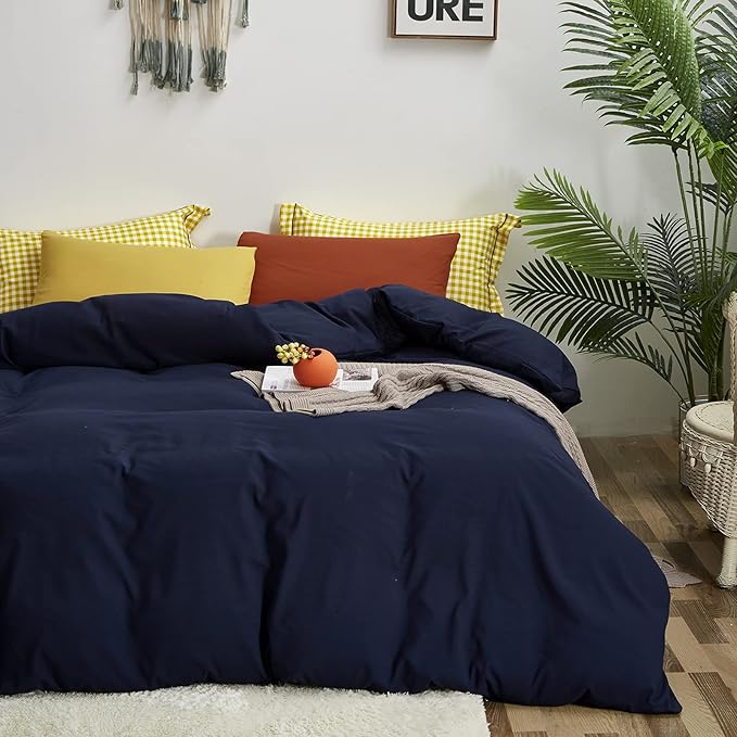 Luxlovery Navy Blue Comforter Set King Dark Blue Bedding Comforter Set Soft Breathable Quilts Breathable Cozy Comforter with 1 Yellow+1 Caramel Pillowcase for King Bed