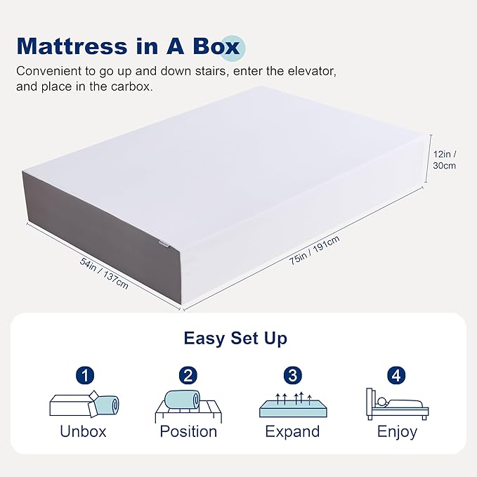 Amazon Basics Memory Foam Mattress, Medium Firm, 12 Inch, Full, White/Grey