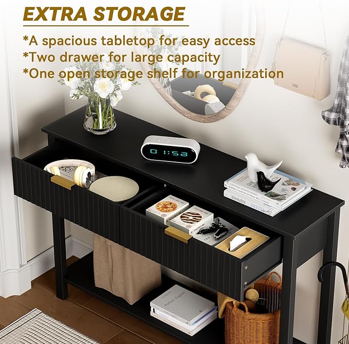 Console Table with 2 Fluted Drawers,Entryway Table with Open Storage Shelf, 47.2" Wood Sofa Table for Living Room and Hallway Brown