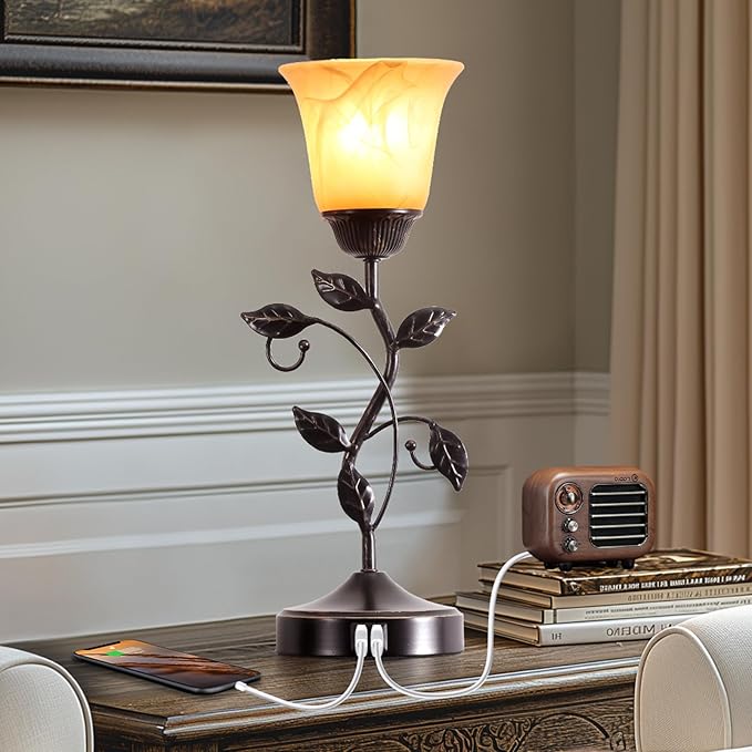 RORIANO Set of 2 Touch Vintage Table Lamps with 2 USB Ports, 3-Way Dimmable Nightstand Flower Lamps, Amber Glass Shade Rustic Leaf Lamp for Living Room Bedroom, LED Bulb Included (Bronze)