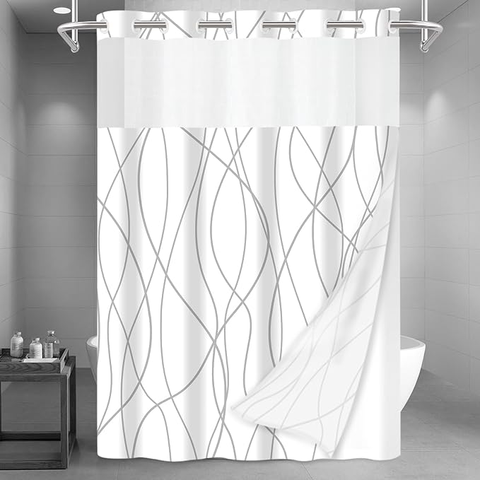 No Hook Grey White Striped Long Shower Curtain with Snap in Liner Set - Hotel Shower Curtain and Liner Set with See Through Mesh Top Window,Machine Washable, 71x86 INCH