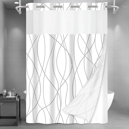No Hook Grey White Striped Long Shower Curtain with Snap in Liner Set - Hotel Shower Curtain and Liner Set with See Through Mesh Top Window,Machine Washable, 71x86 INCH
