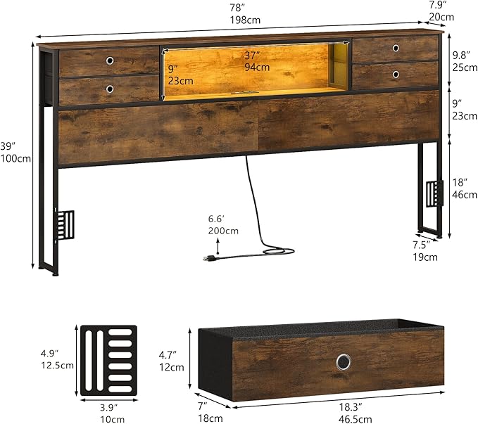 GiftGo King Size Headboard with 4 Fabric Storage Drawers Charging Station LED Light Adjustable Height Storage Rack Sturdy and Stable Metal Frame & Wood Shelf (Rustic Brown, King (U.S. Standard))