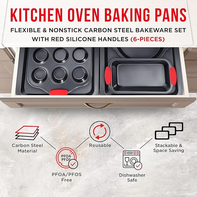 Baking Set – 6 Piece Kitchen Oven Bakeware Set – Deluxe Non-Stick Black Coating Inside and Outside – Carbon Steel – Red Silicone Handles – PFOA PFOS and PTFE Free by Bakken