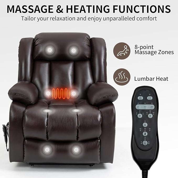 Dual Motor Large Recliner with Massage and Heat, Power Lift Chairs for Elderly, Breathable Leather Recliner Chairs for Adults with 2 Remote Controls, Red Brown Big and Tall Recliner