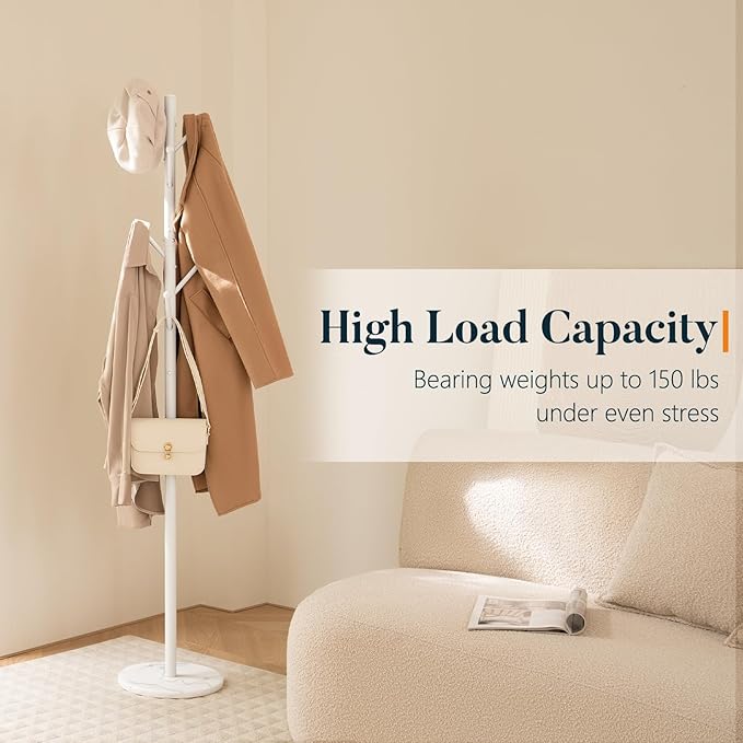 Yoobure Coat Rack Freestanding with Natural Marble Base - Coat Tree with 8 Hooks Heavy Duty Coat Hanger Stand, Metal Coat Rack Stand for Jacket, Hat, Clothes & Bag, Hall Tree Hat Rack for Entryway