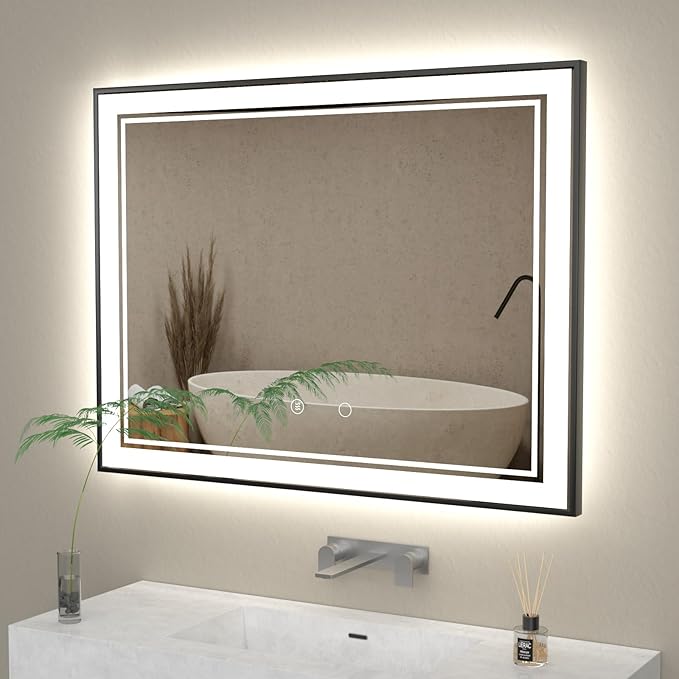 48" x 36" LED Bathroom Mirror with Lights Framed LED Mirror for Bathroom Backlit and Front Lighted Bathroom Mirror Black Square Aluminum Frame Anti-Fog Dimmable Adjustable Shatter-Proof