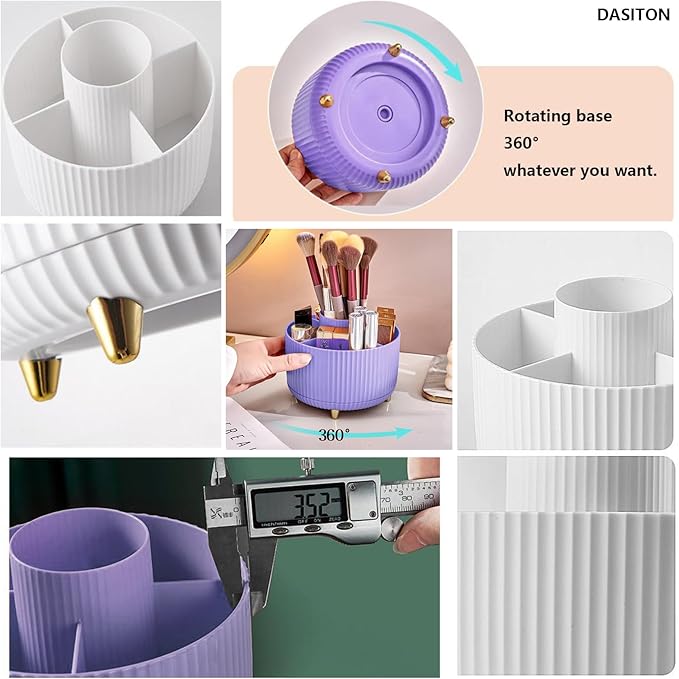 DASITON Large Capacity Makeup Brush Holder,360° Rotating Makeup Organizer,5 Slot Makeup Brushes Cup,for Vanity Decor,Bathroom Countertops,Desk Storage Container,Cosmetic Display cases(Purple)