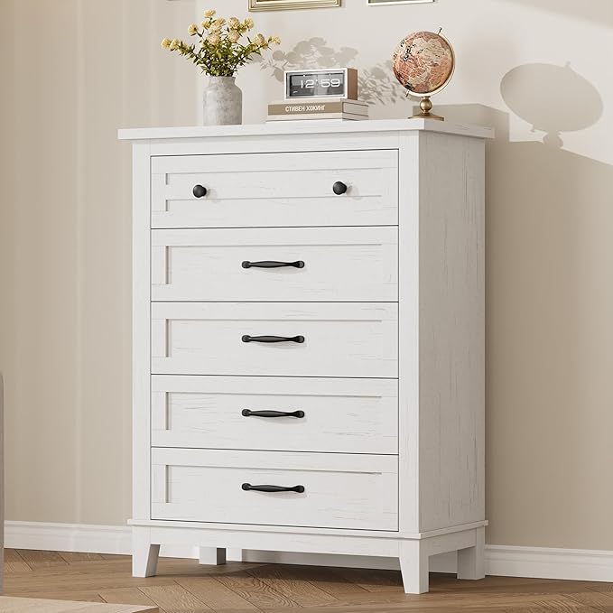 GarveeHome 5 Dresser for Bedroom, 41.3" Tall Vertical Drawer Dresser with Large Storage, Freestanding Wooden Closet Chest for Bedroom, Living Room, White