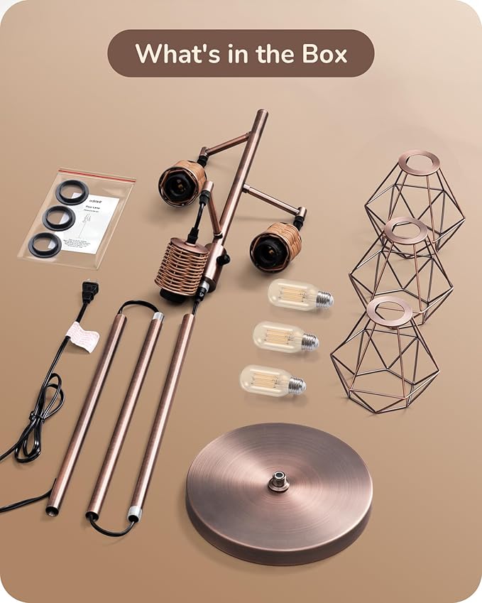 EDISHINE Farmhouse Floor Lamp Dimmable, Industrial Standing Lamp for Living Room, Diamond-Shaped Cage, Corner Rustic Rattan Tall Tree Reading Lamp Home Decor, Electroplated Brushed Red Copper