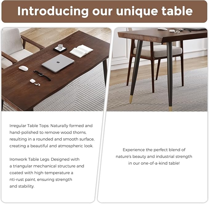 Modern Simple Style 55" Standing Desk Study Computer Desk - Black Metal Frame, Solid Wood Planks, for Home Office Bedroom