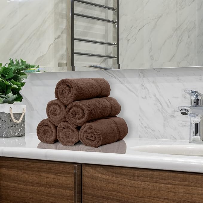Luxury Hotel & Spa Quality, Quick Dry 100% Turkish Cotton 700 GSM, Eco Friendly Towel, for Bathroom, Gymand Kitchen Dobby Border Soft Hand Towel Set 16 X 30, Cocoa, Hand Towels - Set of 6