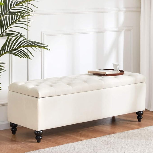 HUIMO Button-Tufted Ottoman with Storage in Upholstered Fabrics, Large Storage Bench for Bedroom, Living Room, Entryway, Ottoman Bench with Safety Hinge Hold Up to 300lbs (Ivory)