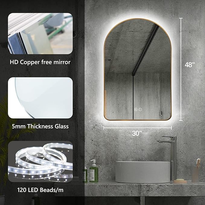 Niccy Arched LED Lighted Bathroom Mirror, 48x30 Inch Backlit Vanity Bathroom Mirror with Lights Brushed Gold Framed Wall Mounted Mirrors with 3 Color Shatterproof Arch Smart Fog Free Mirror