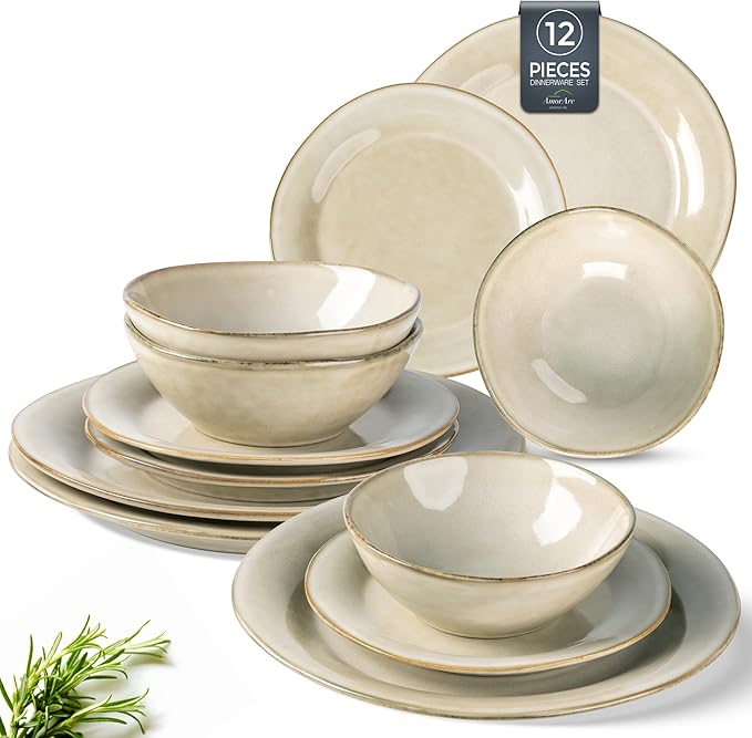 AmorArc Ceramic Dinnerware Sets, Handmade Stoneware Reactive Glaze Plates and Bowls Set, Scratch Resistant | Dishwasher & Microwave Safe Dishes Set, Service for 4 (12pc)