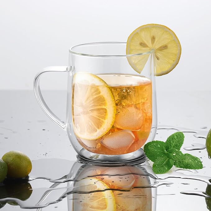 Joeyan Large Clear Double Walled Glass Coffee Mugs 15 oz, Double Layer Tea Latte Cappuccino Cups with Handle, Double Lined Insulated High Borosilicate Glassware for Milk and Hot Beverages, Set of 2