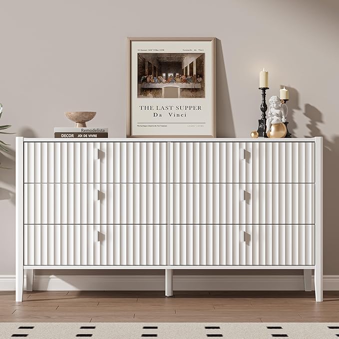 White 6 Drawer Dresser for Bedroom, Modern Wood Dresser, Fluted Design Double Chest of Drawers with Wood Legs, TV Stand Storage Cabinet for Bedroom, Living Rooms, Offices, and Entryways