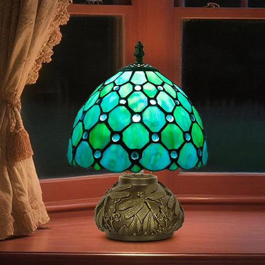 Small Tiffany Stained Glass Lamp, 3 Color Temperatures Bedside Lamp, 8 Inch Blue Pearl Beads Style Mushroom Desk Light for Bedroom Living Room Office Home Decor (Blue)