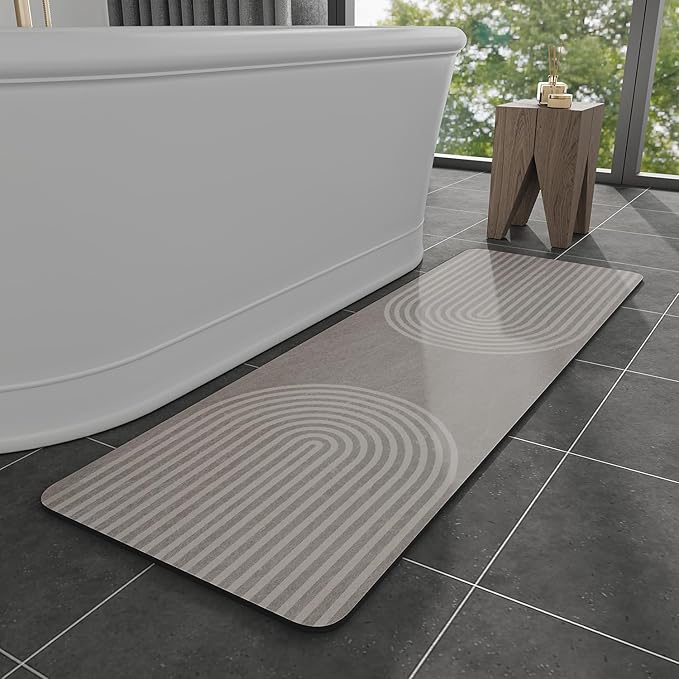 MontVoo -Bath Mat-Non Slip Thin Bathroom Rugs Fit Under Door- Quick Dry Absorbent Faux Suede Surface Grey Bathroom Floor Mats-Shower Rug for in Front of Bathtub Shower Grey & Beige 17x59