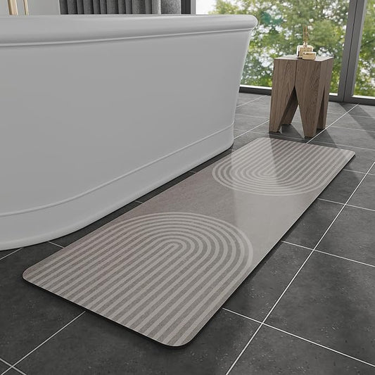MontVoo -Bath Mat-Non Slip Thin Bathroom Rugs Fit Under Door- Quick Dry Absorbent Faux Suede Surface Grey Bathroom Floor Mats-Shower Rug for in Front of Bathtub Shower Grey & Beige 17x59