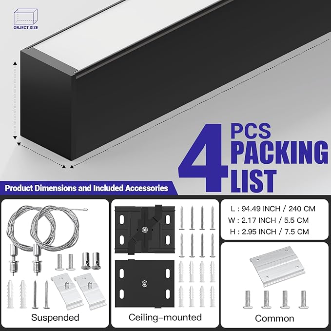 JTT 8FT LED Linear Light Fixture, 60W 3CCT 3000K/4000K/5000K CCT Selectable, Linkable Office Shop Light Fixture, ETL Listed Dimmable Architectural LED Suspension Office Lighting Fixture-4 Pack