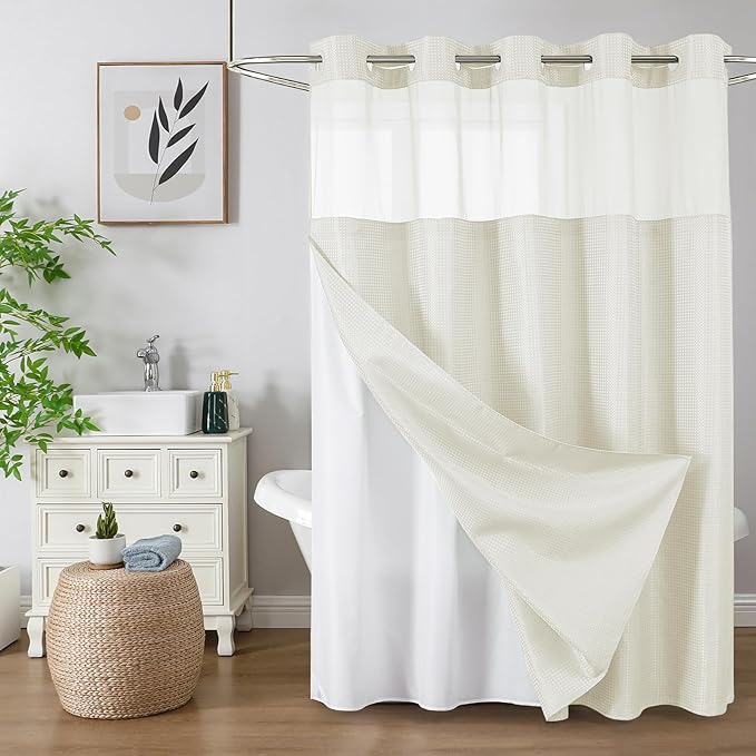 Colorful Star No Hook Shower Curtain with Snap in Fabric Liner, Waffle Weave Heavy Duty Thick Shower Curtains with Mesh Top Window, Hotel Style Waterproof Bathroom Curtain Set, 72 x 75 Inch, Ivory