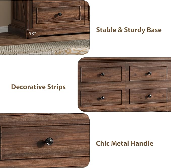 QUW Farmhouse 6 Drawer Dresser for Bedroom, 47" Wide Wood Chest of Drawers with Charging Station, Metal Handle, Modern Closet Clothes Storage Organizer for Living Room, Hallway, Entryway, Dark Walnut