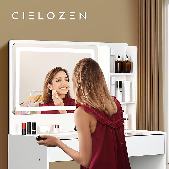 Vanity Desk，Transparent Desktop, Multiple Color Ambient Lights, with Mirror and Tri Color Light Strip, Dressing Table with Charging Station, Equipped with 2 Drawers, White