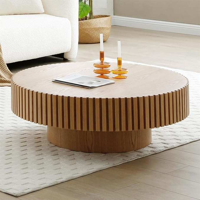 Round Coffee Table for Living Room, Accent Fluted Drum Coffee Table with Storage, Modern Solid Wood Circle Center Tea Table for Small Space Apartment (39.4''D×14''H-Natural)