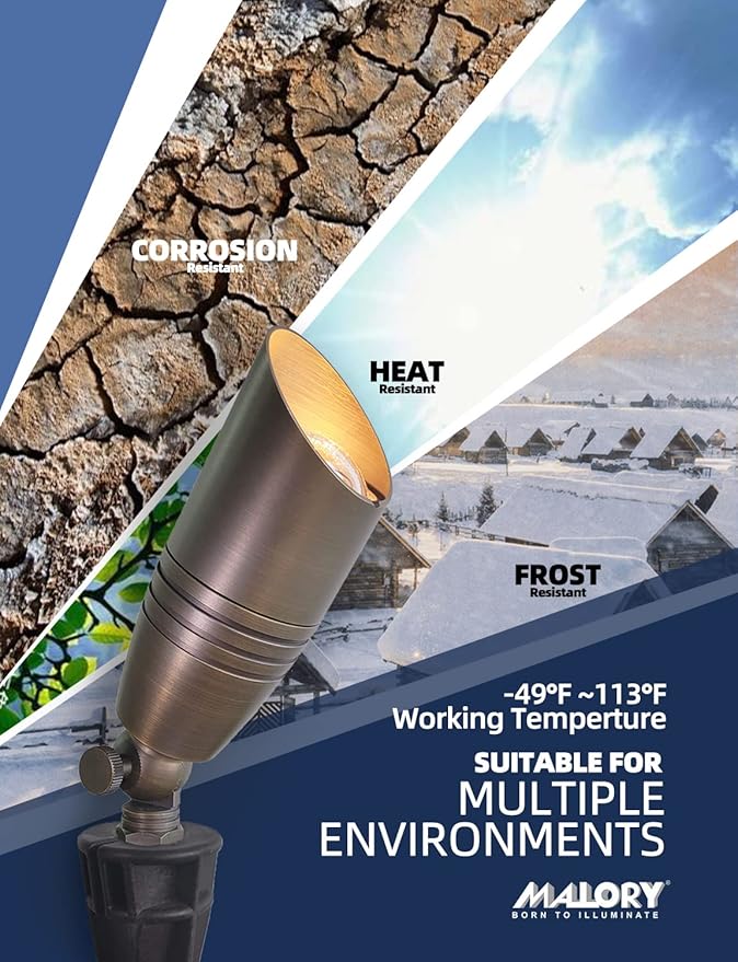 MALORY Brass Landscape Spotlights 6-Pack with Bulb Kit(S02), Low Voltage 12V AC/DC LED Outdoor Spot Uplights for House and Tree,PVC Ground Stake and Wire Connector Included, 5W 2700K Warm White