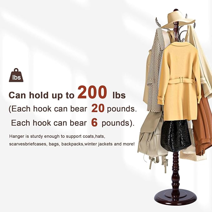 Coat Racks Freestanding, Natural Wood Coat Stands with 14 Hooks, 73" Heavy Duty Adjustable Height Vintage Hall Tree for Entryway, Bedroom, Office, Easy Assembly (Fenghuang Gou)