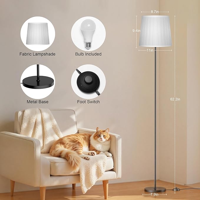 Floor Lamp with Pleated Shade - Dimmable LED Standing Lamp with Foot Switch, 3 Color Temps, 9W E26 Bulb Included, 62" Floor Reading Light for Living Room Bedroom Office Corner, Black