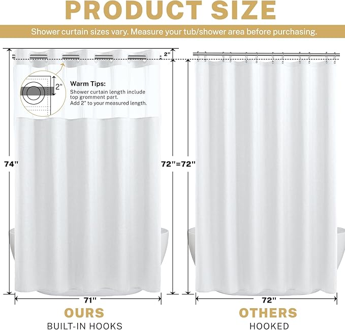 No Hook Shower Curtain with Snap in Liner, Polyester Textured Shower Curtain with Liner Set, Waterproof Washable Hotel Style Shower Curtains for Bathroom, 71Wx74H, White