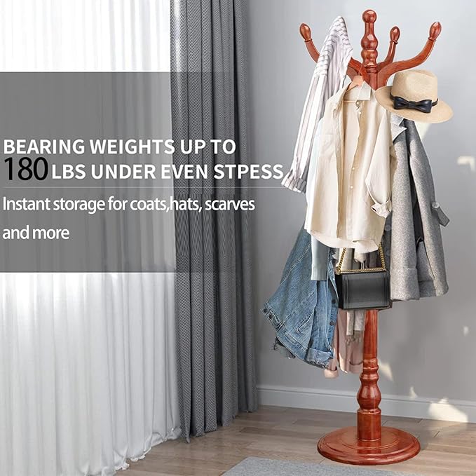 Wooden Coat Rack, Heavy Duty Coat Rack Freestanding with 11 Smooth Hooks, Coat Tree, Vintage Clothes Hanger Stand with Stable Disc Base for Bedroom, Entryway, Office-Load 180lbs (Light Brown)