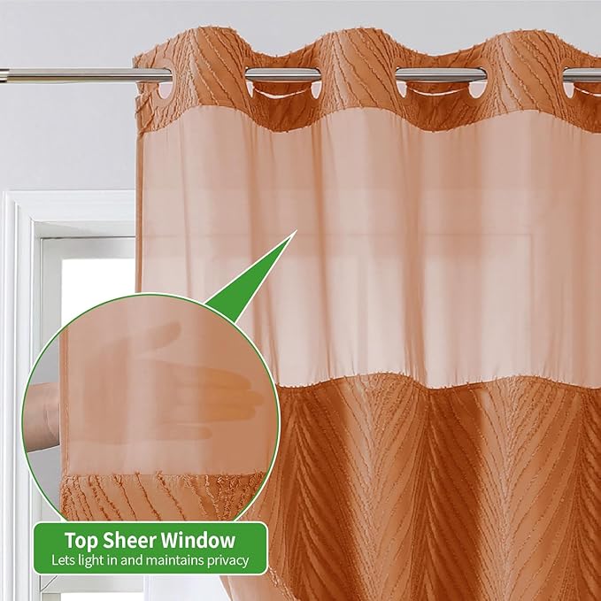 no Hook Shower Curtain and Fabric Liner Set，Thanksgiving Autumn Shower Curtain, Boho Tufted Striped Style with See Through Top Window,Orange, 71Wx74H