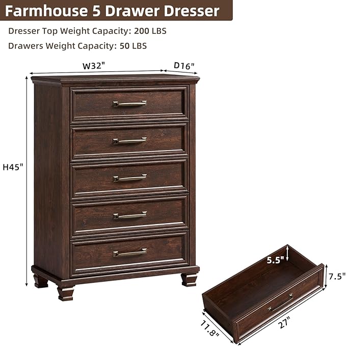 Farmhouse 5 Drawer Dresser for Bedroom, 45” Tall Dresser for Closet, Rustic Wooden Chests of Drawer for Bedroom, Hallway, Entryway, Walnut