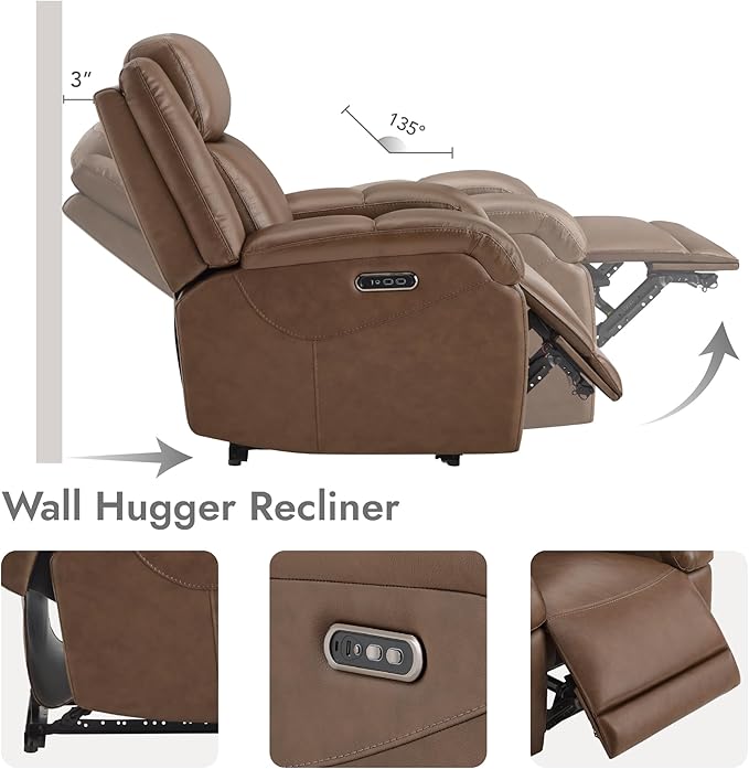 Watson & Whitely Genuine Leather Power Recliner Chairs for Adults, Wall Hugger RV Recliner with Power Headrest & Charging Ports, Electric Recliner Sofa Chair for Living Room, Cafe