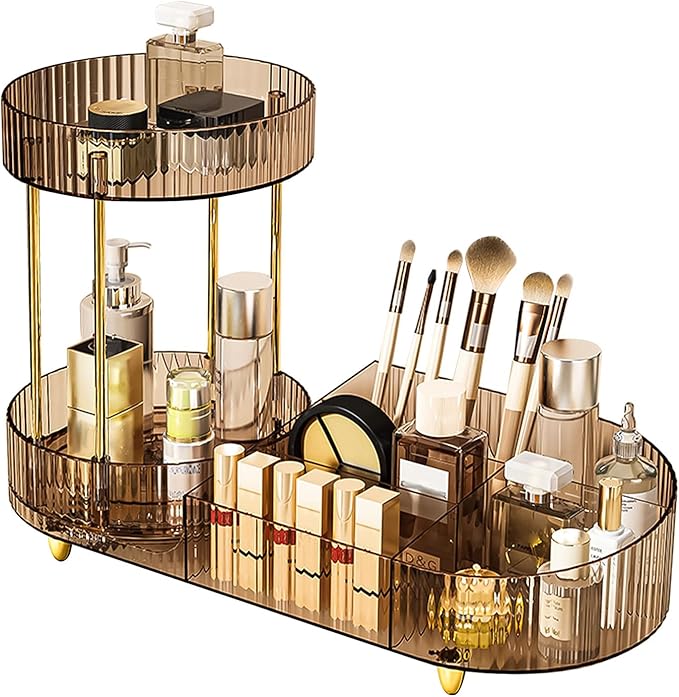 DASITON 360° Rotating Makeup Organizer for Vanity, 2 Tier Perfume Cosmetic Skincare Organizers with Makeup Brush Holder, Large Capacity Cosmetic Display Case for Bedroom Bathroom Countertop (Coffee)