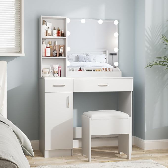 Fameill White Vanity Desk with Mirror and Lights,Makeup Vanity with 2 Drawers Lots Storage,Makeup Table with Lighted Mirror,3 Lighting Colors, Brightness Adjustable,35in(L)