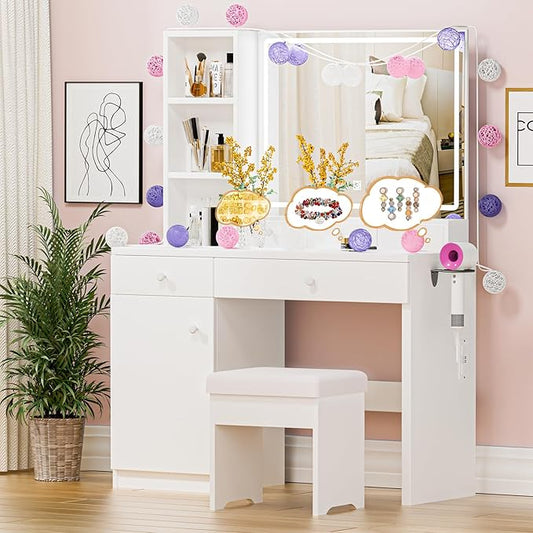 Vanity Desk with Mirror, Includes Dream Box, LED Lights, Power Outlet, 5 Drawers & 3 Shelves, Elegant Cream Design for Bedroom, Storage Stool
