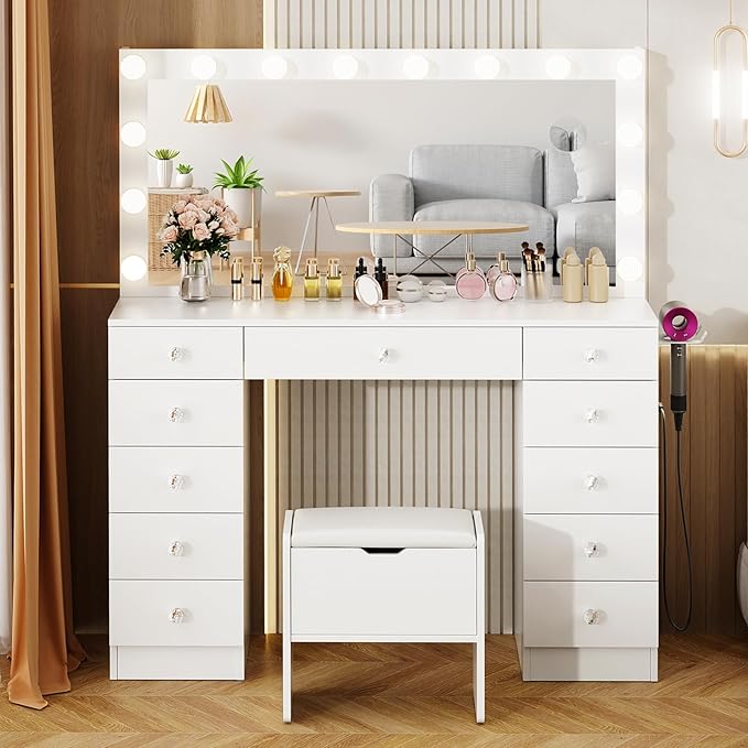 VOWNER Vanity with Lighted Mirror - Makeup Vanity Desk with 11 Drawers and Outlet, 3 Color Lighting Modes Adjustable Brightness, 46" Vanity Table with Soft Cushioned Stool for Bedroom, White