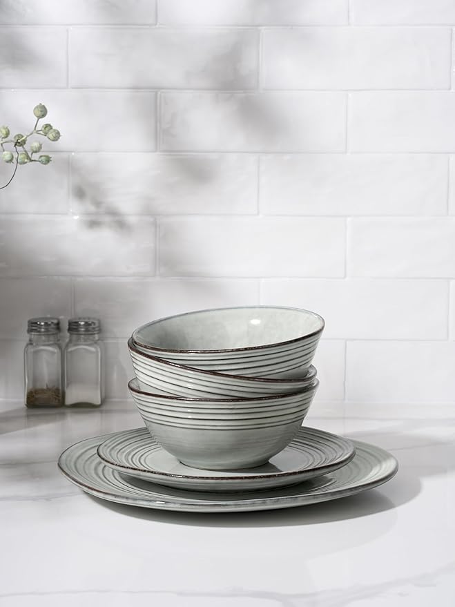 Famiware Plates and Bowls Sets 18-Piece Stoneware Dinnerware Sets, Dishes Set for 6, Hand-made Reactive Glaze Dish Set, Twilight Series, Ashy Blue