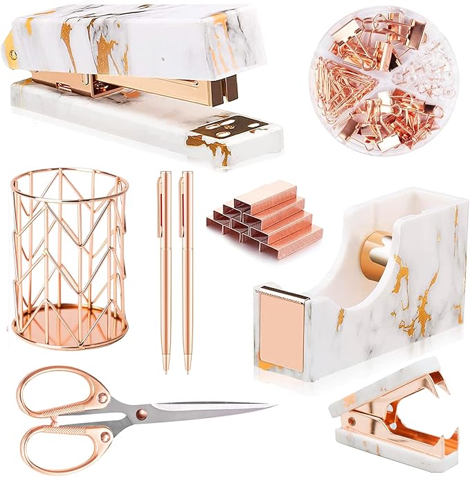Rose Gold Marble Desk Accessories, Office Supplies Set Stapler Staple Remover, Tape Holder, Pen 2 Ballpoint Pen, Scissor, Binder Clips, Paper Clips and 1000pcs Staples