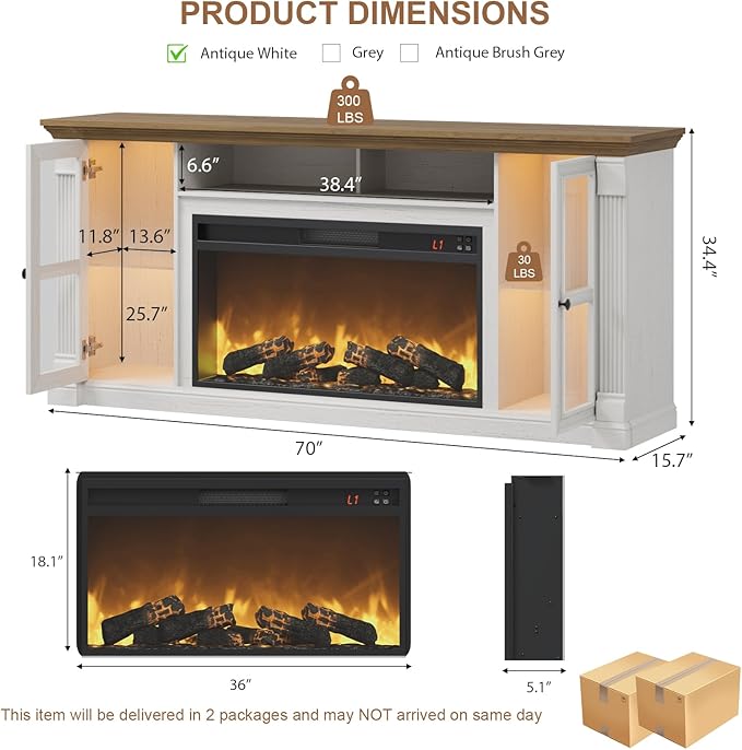 Farmhouse Fireplace TV Stand Up to 80" TVs, 70" Modern Highboy Entertainment Center with 36" Electric Fireplace & LED Lights, Media Console with Adjustable Shelves for Living Room, Antique White